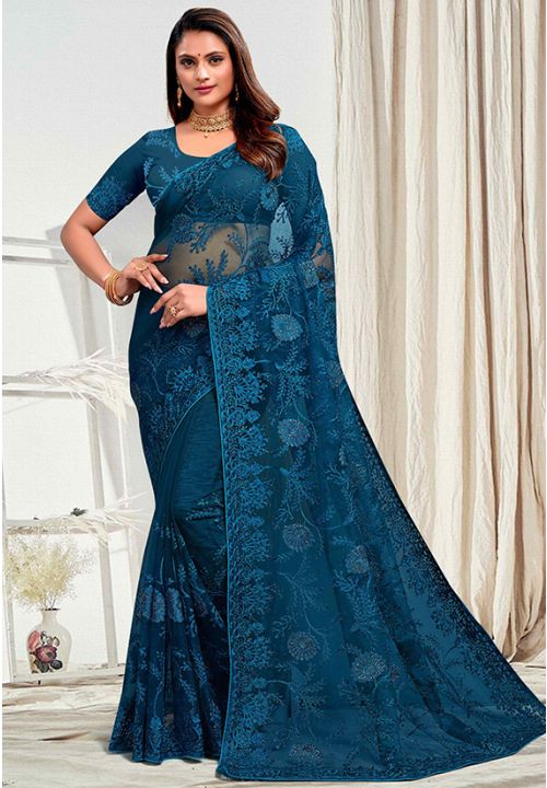 Blue Bridal Indian Designer Net Fabric Saree SRPBT20603 - ShreeFashionWear  