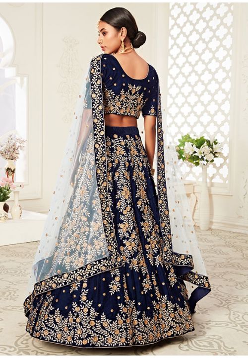 Navy Blue & Pink Velvet Silk Bridal Lehenga Choli @Indian Couture