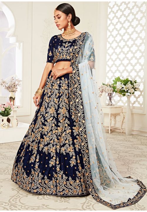 Blue Bridal Indian Pakistani Bridal Lehenga In Velvet SRZC1107 - ShreeFashionWear  