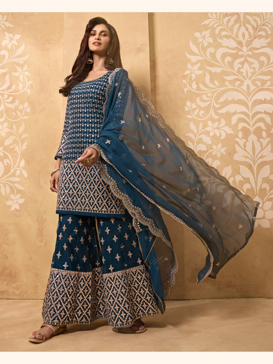 Blue Designer Palazzo Sharara Suit With Embroidery Work SYAL2020 - ShreeFashionWear  
