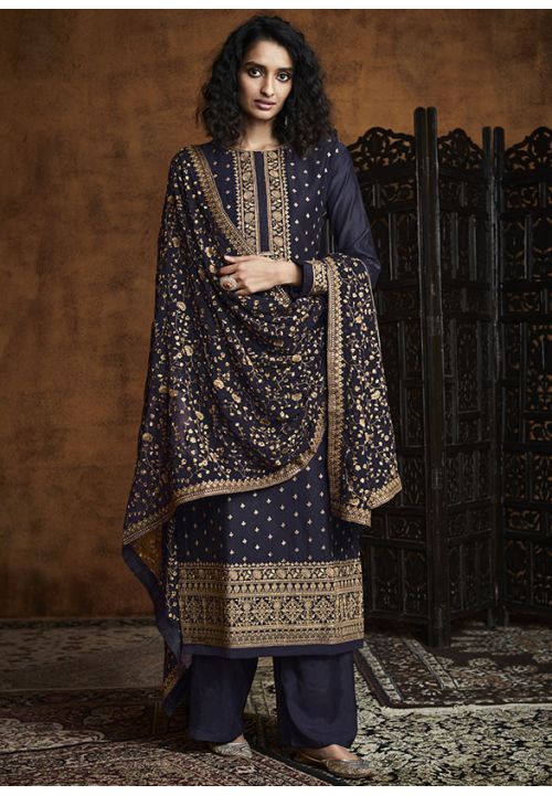 Blue Evening Palazzo Salwar Suit In Silk SHYS65702C - ShreeFashionWear  