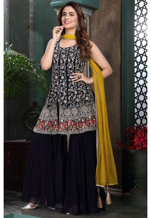 Blue Georgette Designer Gharara Salwar Suit Mirror Work SKN58809R - ShreeFashionWear  
