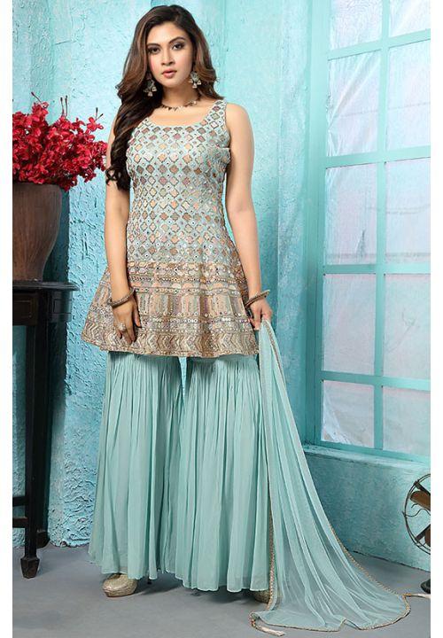 Blue Georgette Designer Gharara Salwar Suit Mirror Work SKN58811R - ShreeFashionWear  