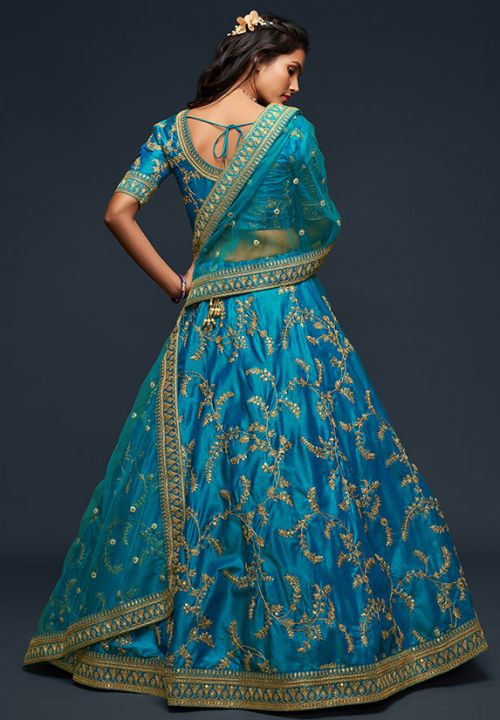 Bollywood Designer Women's Silk Semi Stitched Lehenga Choli ( NAIRA-BLUE-NEW-B-LEHENGA_Blue_Free  Size)