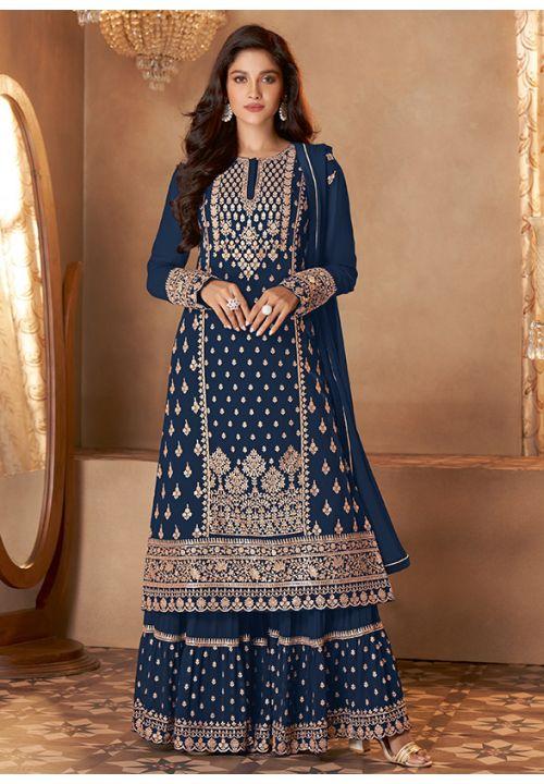 Blue Heavy Indian Pakistnai Wedding Palazzo Suit Georgette SFSA288101 - ShreeFashionWear  