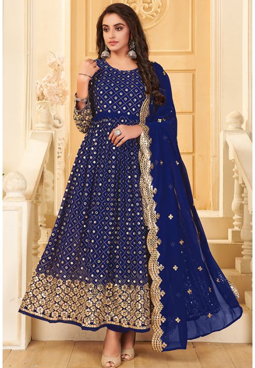Blue Indian Wedding Bridesmaid Long Anarkali Mirror Work SAYS70001 - ShreeFashionWear  