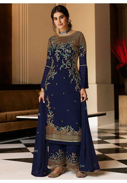 Blue Maroon Pure Georgette Plussize Wedding Palazzo Suit  SFSA255203 - ShreeFashionWear  