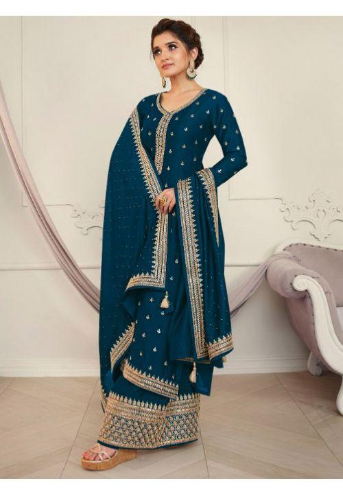 Blue Nidhi Shah Bollywood Palazzo Suit In Silk SFSA289402 - ShreeFashionWear  
