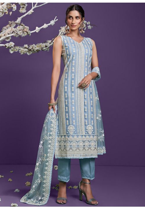 Blue Peach Plus Size Lucknowi Work Palazzo Suit In Net  SFYS72002 - ShreeFashionWear  