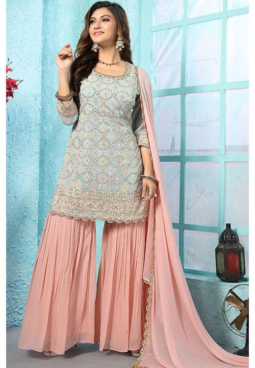 Blue Pink Georgette Designer Gharara Salwar Suit Mirror Work SKN58816R - ShreeFashionWear  