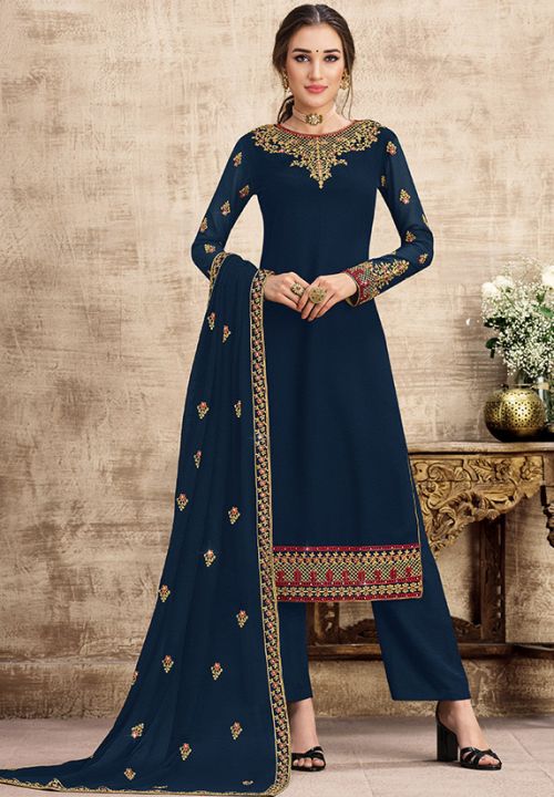 Blue Plus Size Indian Pakistani Palazzo Salwar Suit Georgette EXSWG6803 - ShreeFashionWear  