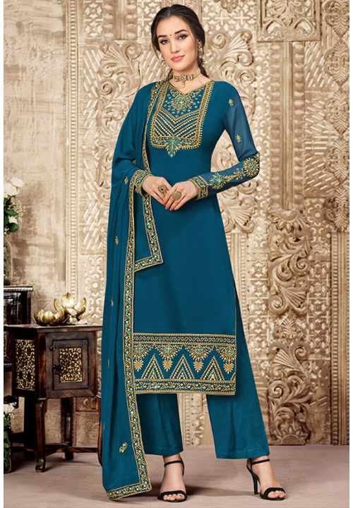 Blue Plus Size Indian Pakistani Palazzo Salwar Suit Georgette EXSWG6806 - ShreeFashionWear  