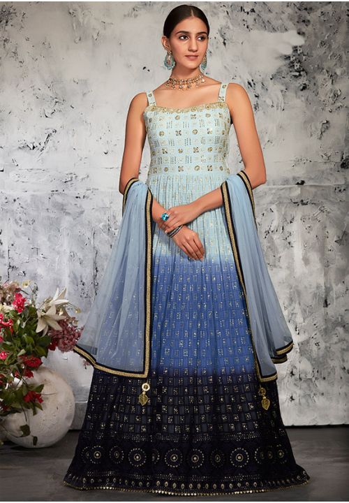 Blue Readymade Lucknowi Bridal Anarkali Gown SFKN60303R - ShreeFashionWear  
