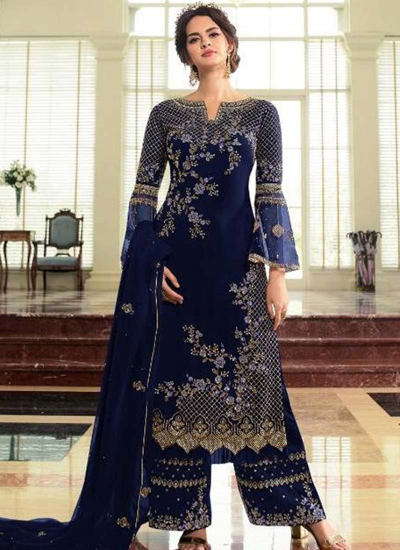 Blue Wedding Party Palazzo Suit Satin Georgette SFFZ81507 - ShreeFashionWear  
