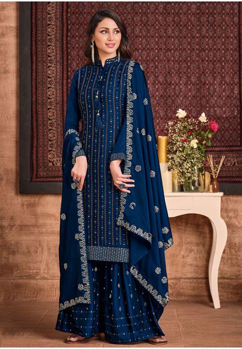 Blue Wedding Sangeet Palazzo Sharara Suit Silk Georgette SFYS65801 - ShreeFashionWear  