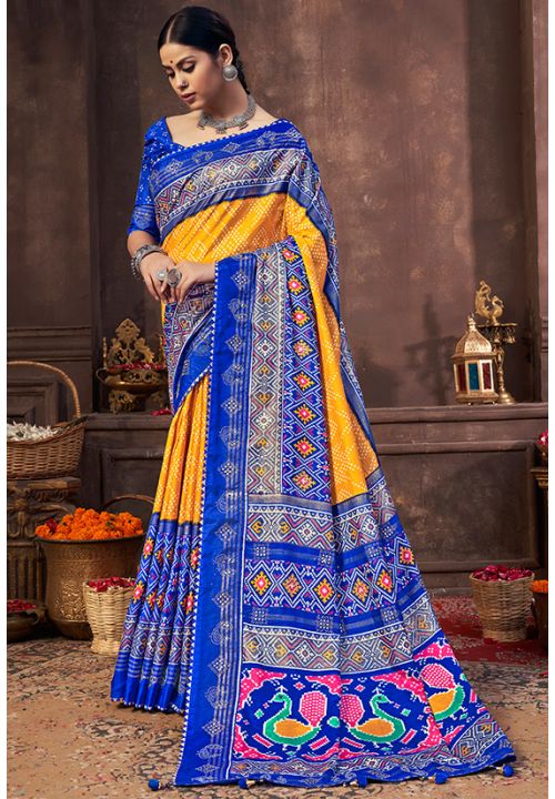 Blue Yellow Dola Silk Indian Bridesmaid Wedding Saree  SRSA331604 - ShreeFashionWear  