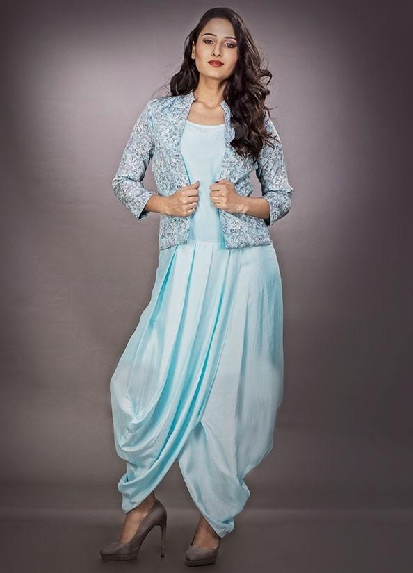 Blue Dhoti Style Dress In Silk With Fancy Work SF122Y - ShreeFashionWear  