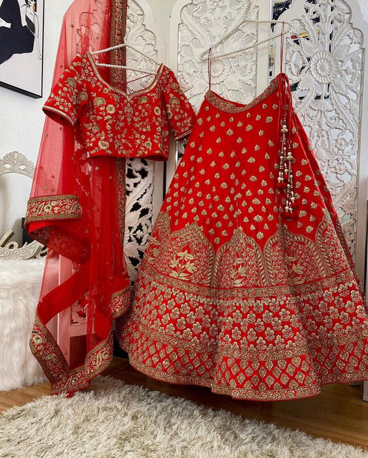 Red Bridal Lehenga Choli Set In Silk With Handwork SFINS2443 - ShreeFashionWear  