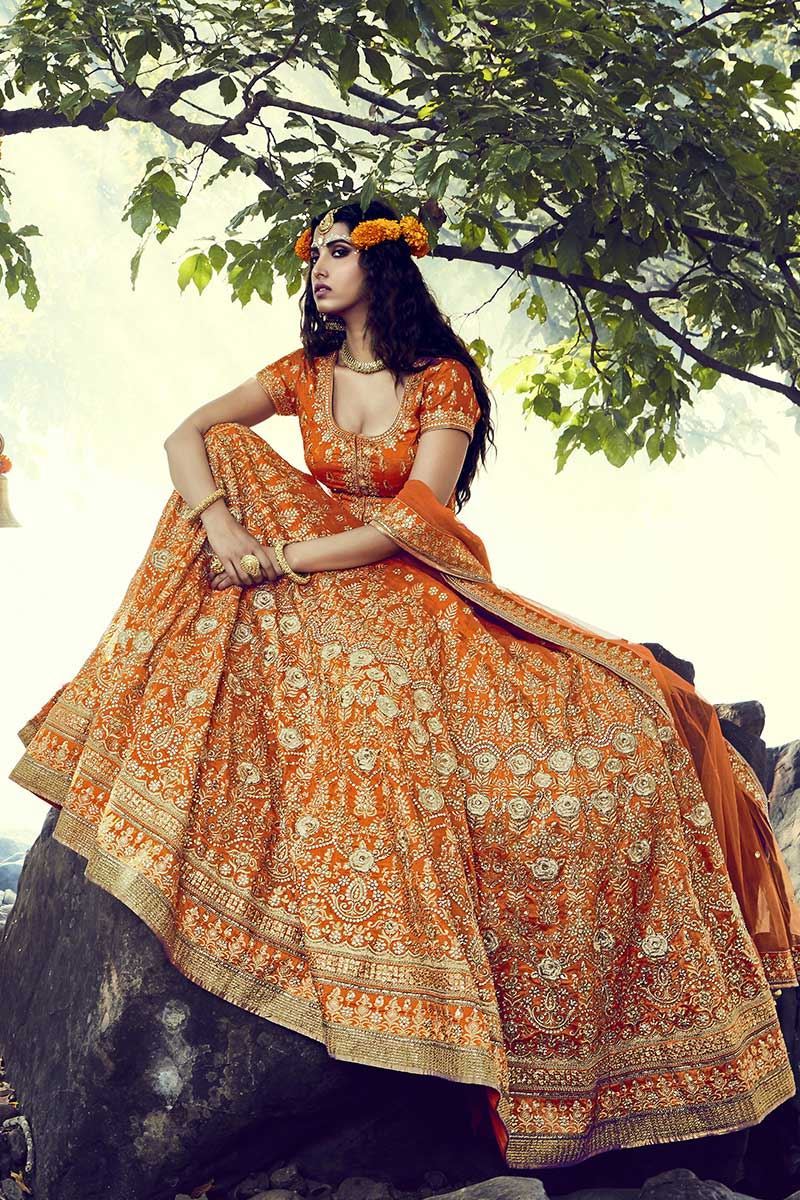Buy 68/10XL Size Orange Wedding Wear Lehenga Choli Online for Women in USA
