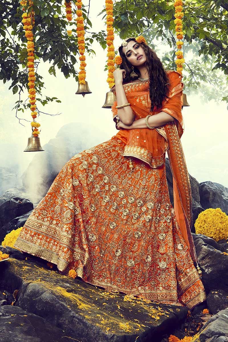 Orange Designer Kundan Work Indian Bridal Outfits Set - ShreeFashionWear  