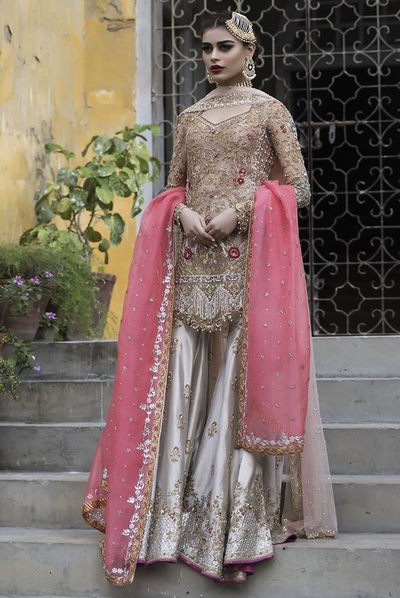 Bridal Wedding Sharara Suit Shimmer Beige And Silver In Silk SHREM432 - ShreeFashionWear  