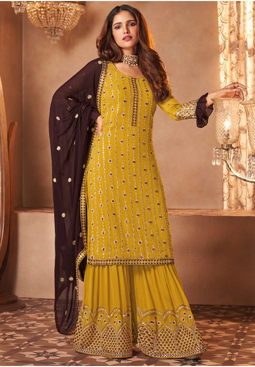 Bridal Yellow Sangeet Party Sharara Suit In Georgette SFDSIF6503 - ShreeFashionWear  