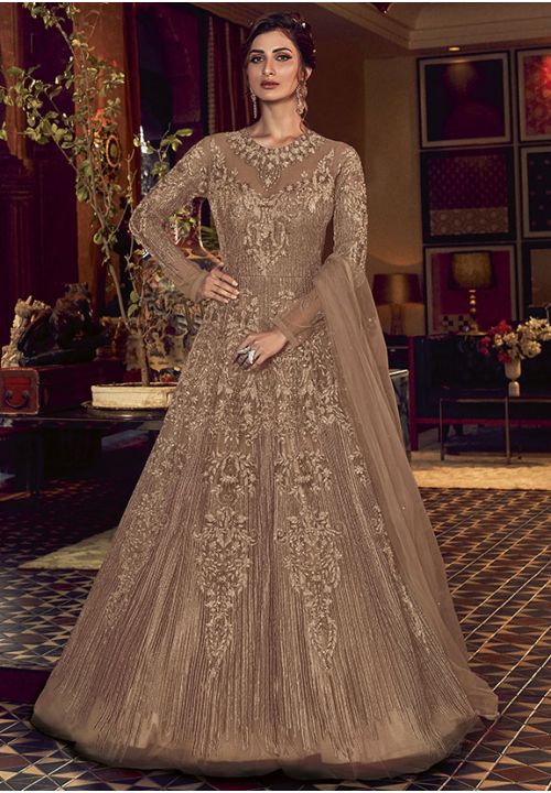 Brown Online Bridal Anarkali Gown In Net SFSWG6006A - ShreeFashionWear  