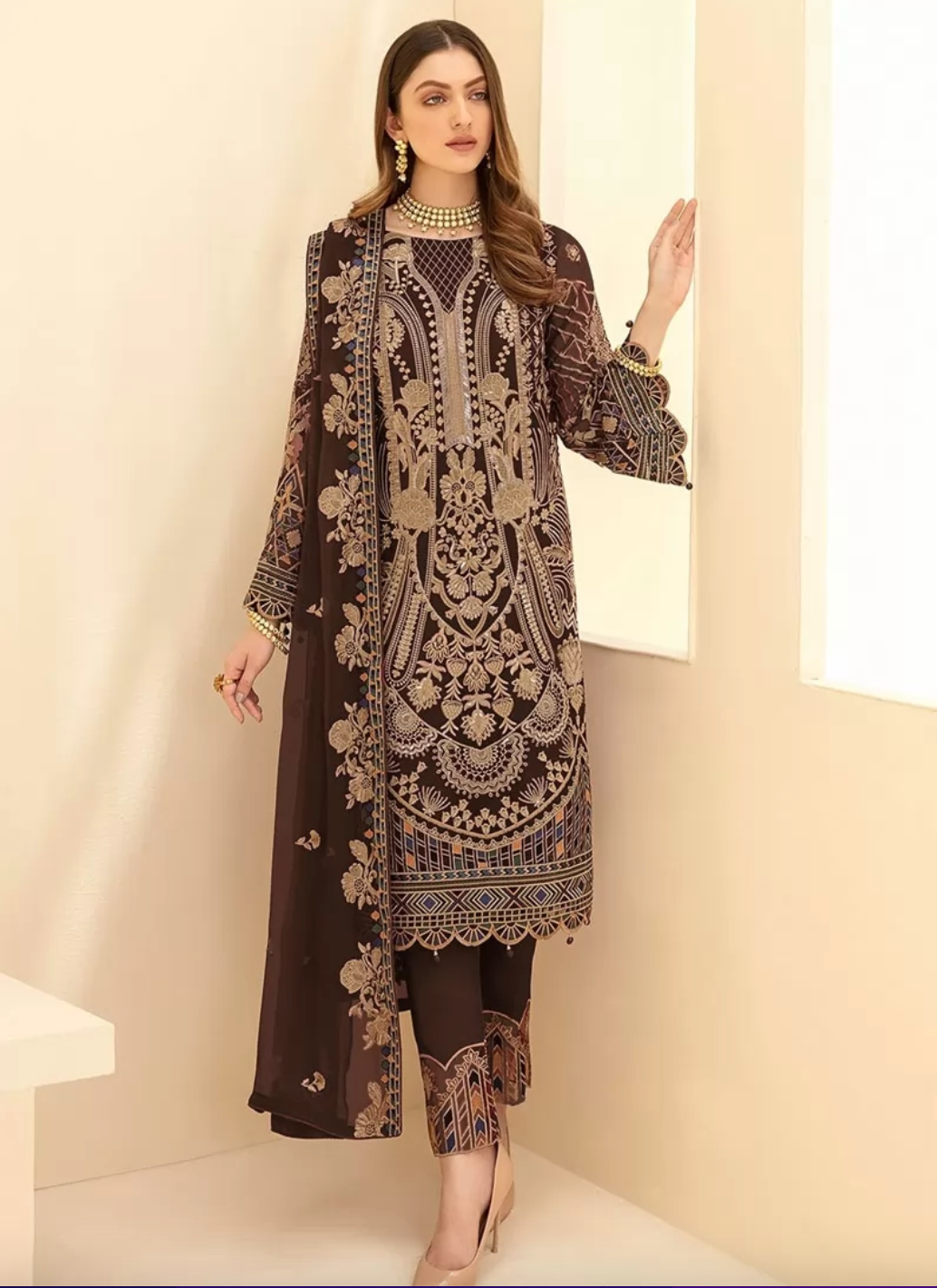 Brown Pakistani Style Salwar Pant Suit In Georgette SHRFZ109864 - ShreeFashionWear  