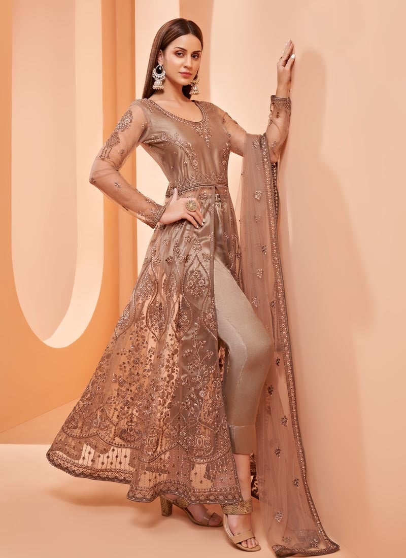 Brown Sangeet Bridal Anarkali Churidar Suit In Net SFZ104632 - ShreeFashionWear  