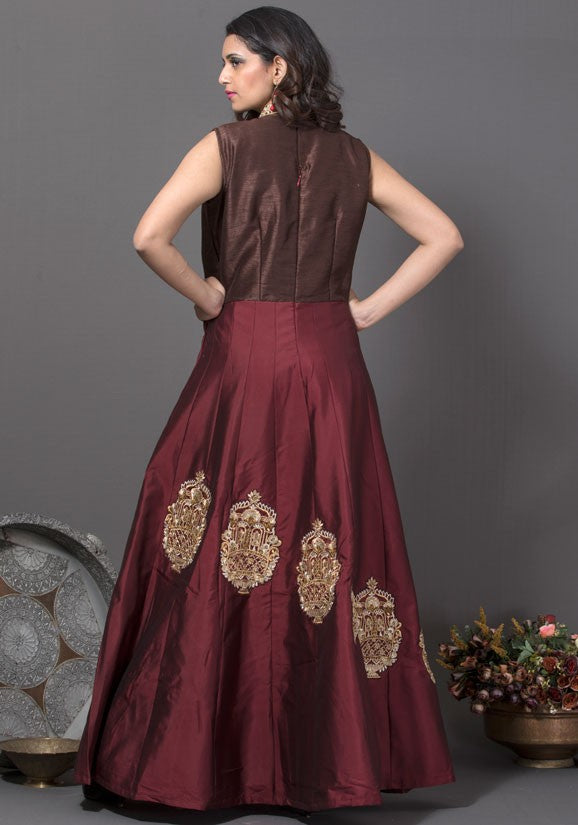 Brown Silk Designer Gown With Patch Pattern SHYD33 - ShreeFashionWear  