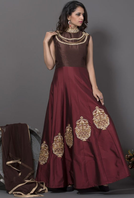 Brown Silk Designer Gown With Patch Pattern SHYD33 - ShreeFashionWear  
