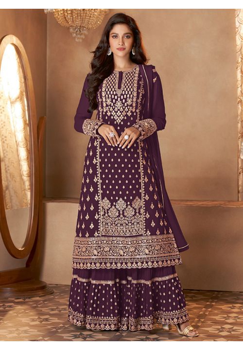 Burgundy Heavy Indian Pakistnai Wedding Palazzo Suit Georgette SFSA288103 - ShreeFashionWear  