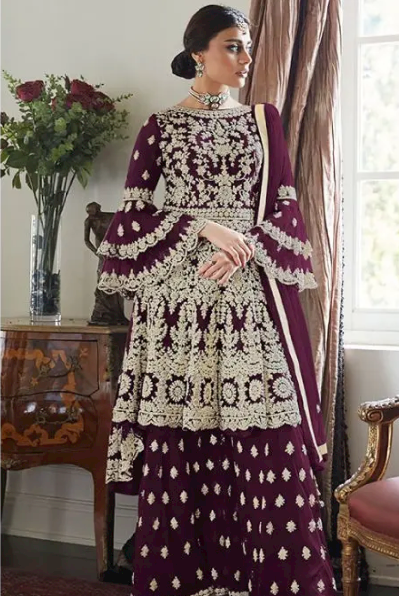 Burgundy Wedding Palazzo Suit In Net Heavy Embroidery Work SFYS50104A - ShreeFashionWear  