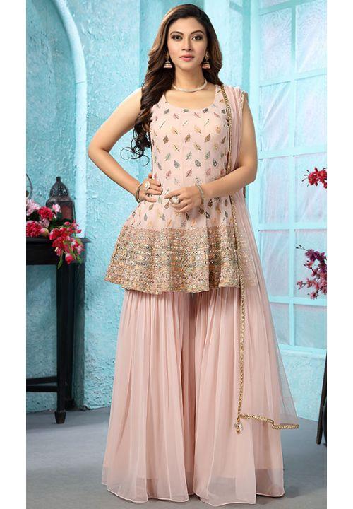 Bush Pink Georgette Designer Gharara Salwar Suit Mirror Work SKN58810R - ShreeFashionWear  