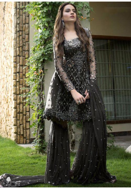 Buy Black Designer Partywear Salwar Kameez Sharara Suit Palazzo Size 32- 38 Bust. - ShreeFashionWear  