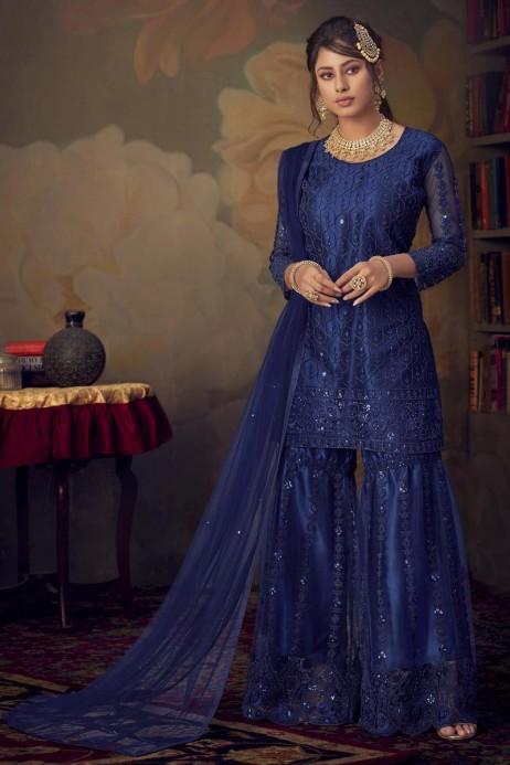 Buy Blue Bridal Wedding Palazzo Sharara Suit In Net SHBZ4322 - ShreeFashionWear  