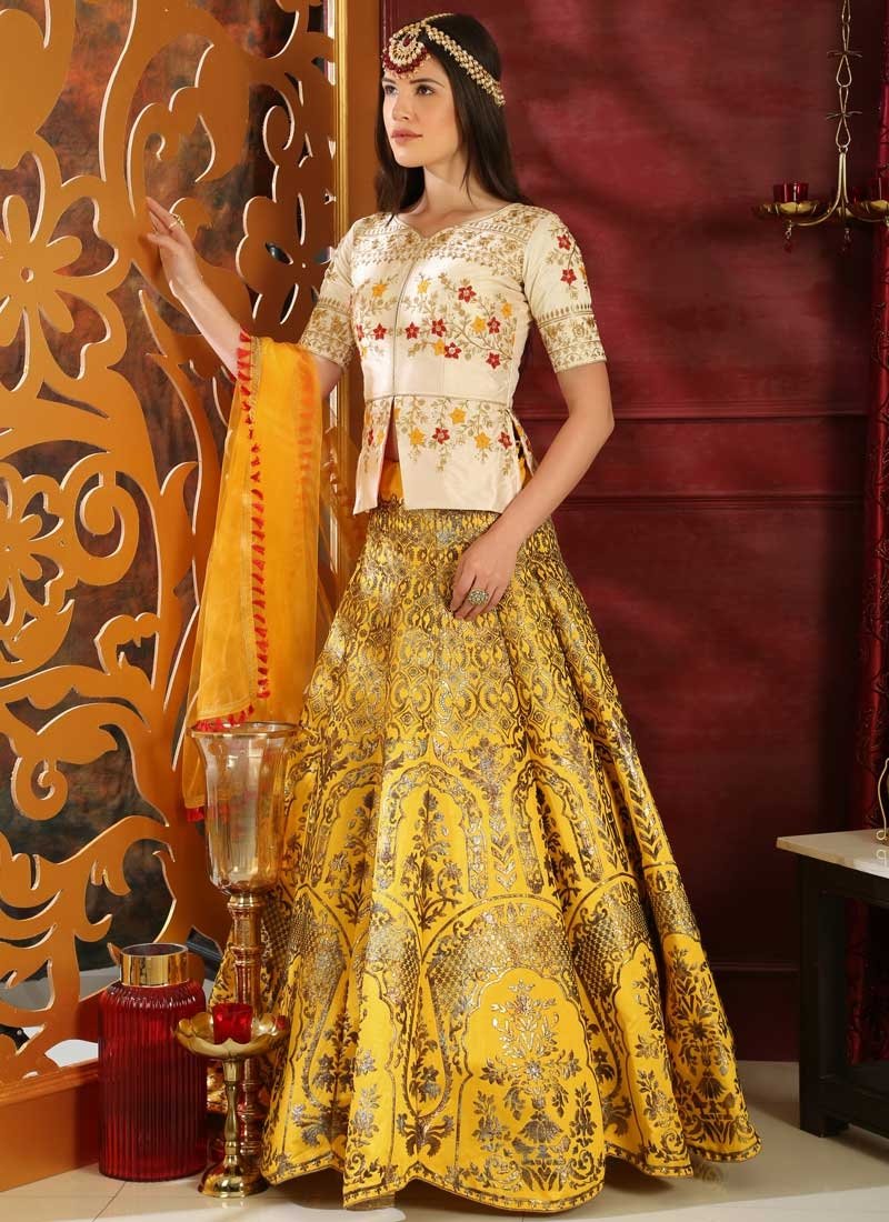 Buy Cream Yellow Haldi Wedding Lehenga In Silk SFAZMA47 - ShreeFashionWear  