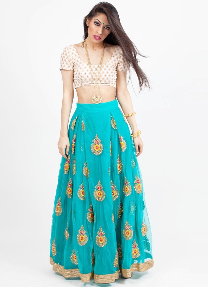 Buy Turquoise Net Fabric Crop Top Style Lehenga Skirt SF983 - ShreeFashionWear  