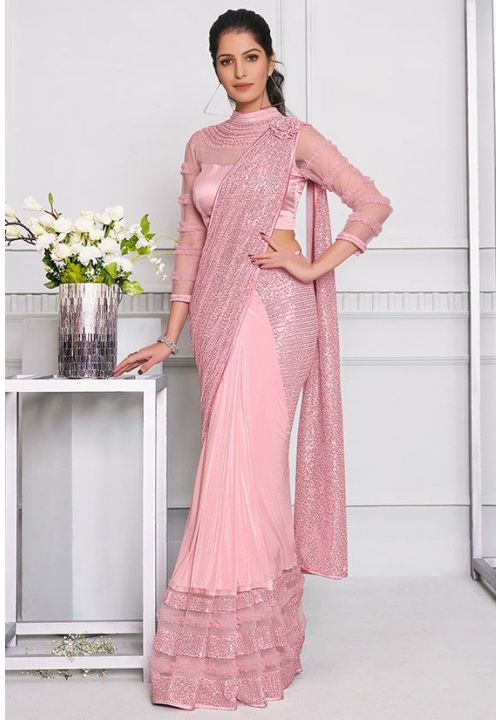 Candy Pink Indian Designer Lycra Fabric Saree SRDIW7905 - ShreeFashionWear  