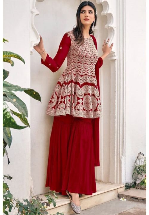 Cherry Peplum Style Red Viscose Sharara Palazzo Suit SFDSIF5401A - ShreeFashionWear  