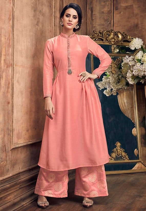 Coral Pink Color Silk Fabric Palazzo Suit SY254577 - ShreeFashionWear  