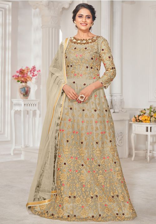 Cream Bridal Net Anarkali Gown With Stone Work SFDSIF4805 - ShreeFashionWear  