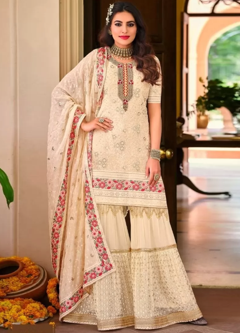 Cream Bridal Sharara Palazzo Suits In Georgette SRF110699 - ShreeFashionWear  
