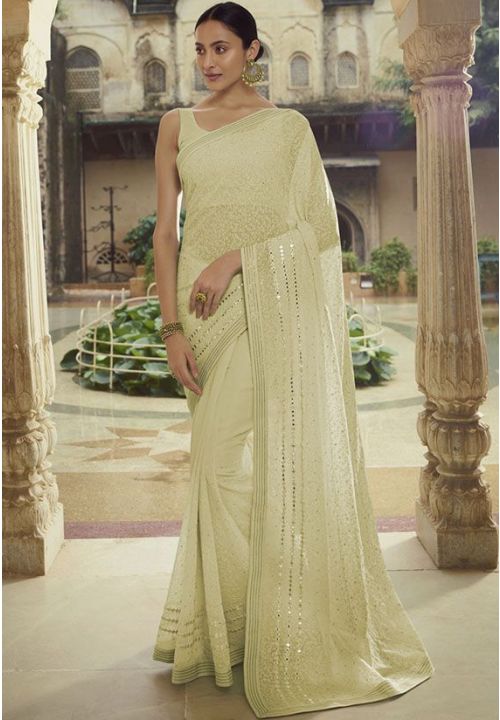 Cream Bridesmaid Wedding Reception Saree In Georgette SHARY9410 - ShreeFashionWear  