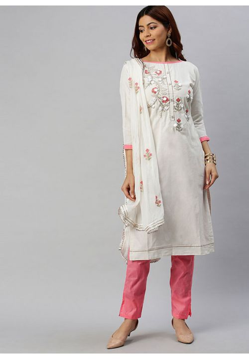 Cream Cotton Salwar Pant With Art Silk Dupatta SRPRF115306 - ShreeFashionWear  