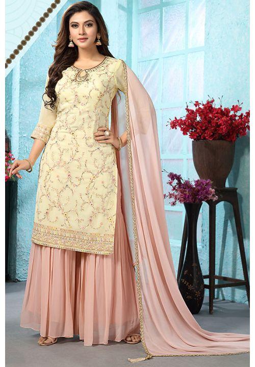 Cream Peach Georgette Designer Gharara Salwar Suit Mirror Work SKN58814R - ShreeFashionWear  