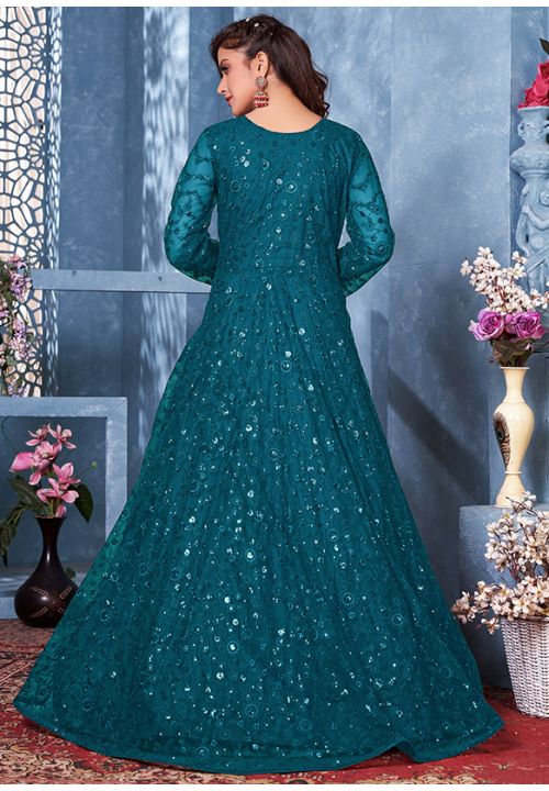 Turquoise Net Designer Heavy Sequin Work Anarkali Suit SRDFS17703 - ShreeFashionWear  
