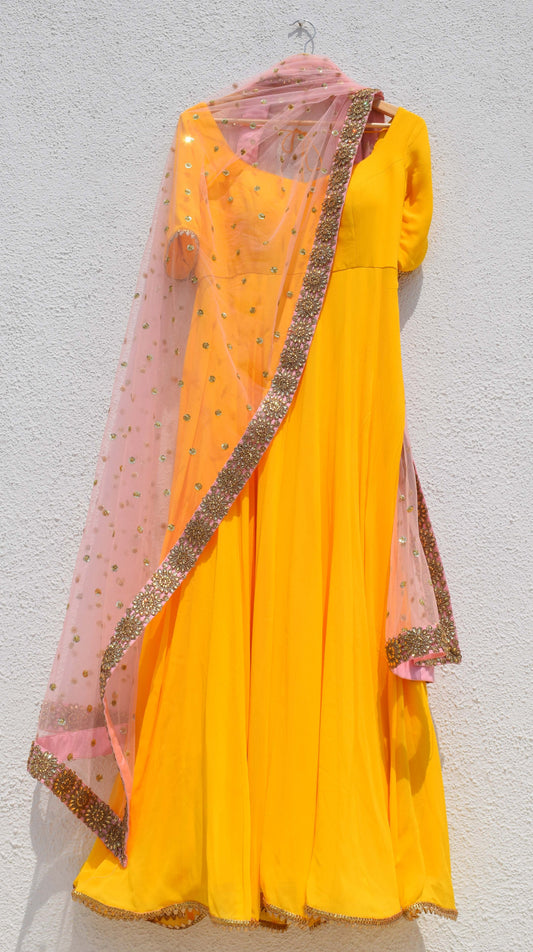 Delight Haldi Yellow Anarkali Wedding Suit With Pink Dupatta SFIN3209 - ShreeFashionWear  
