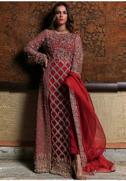 Designer Bridal Red Long  Churidar Suit Georgette YD0942 - ShreeFashionWear  