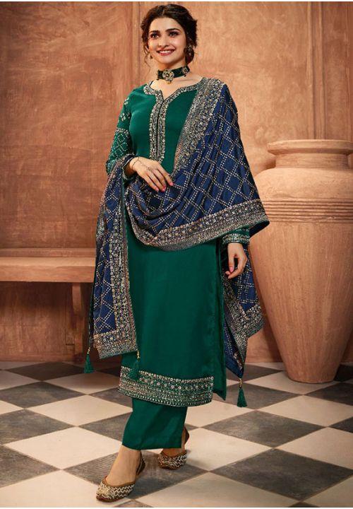 Designer Green Salwar Suit With Dupatta In Satin Georgette EXMAY49 - ShreeFashionWear  